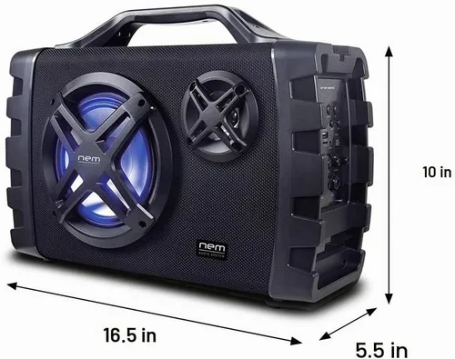 Vista 5 de NEM Mobi7e Altavoz estéreo portátil inalámbrico Bluetooth de alto rendimiento con graves extra, grabación USB, batería recargable, entrada de Negro