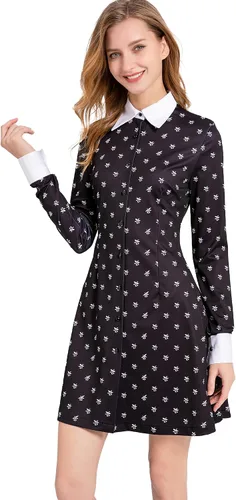 Vista 2 de Vestido de manga larga con cuello Peter Pan para mujer, lindo ajuste y acampanado
