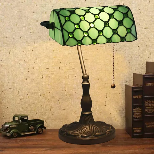 Vista 4 de Green Bankers - Lámpara de mesa vintage, luz de escritorio retro, lámpara de escritorio de oficina de vidrieras Tiffany, lámpara de cuentas