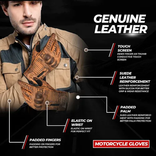 Vista 4 de Guantes de motocicleta para hombres y mujeres, guantes de motocicleta de cuero, función táctil, protectores de motocicleta para todo tipo de clima