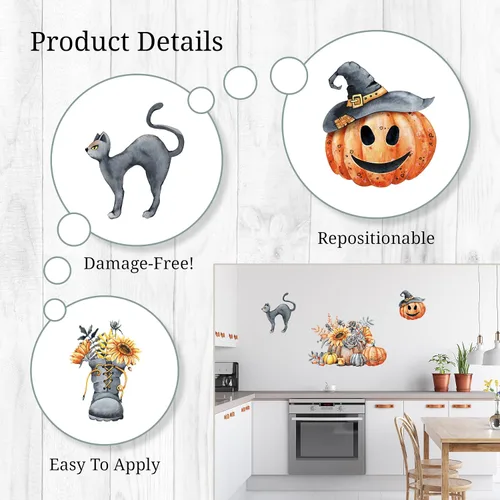 Vista 3 de Decalcomania - Calcomanías de pared para Halloween, juego de 31 calcomanías de decoración de calabazas de otoño para sala de estar, dormitorio