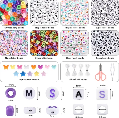 Vista 2 de QUEFE Juego de pulseras de cuentas de poni, 1900 unidades, 48 colores, kit de pulsera de amistad con cuentas Kandi de arco iris, cuentas de letras