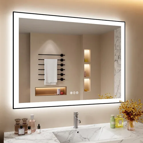 Vista 50 de Espejo de baño LED de 24x28 pulgadas con marco negro, espejos de baño retroiluminados y con luz frontal para pared, antiempañamiento, regulable