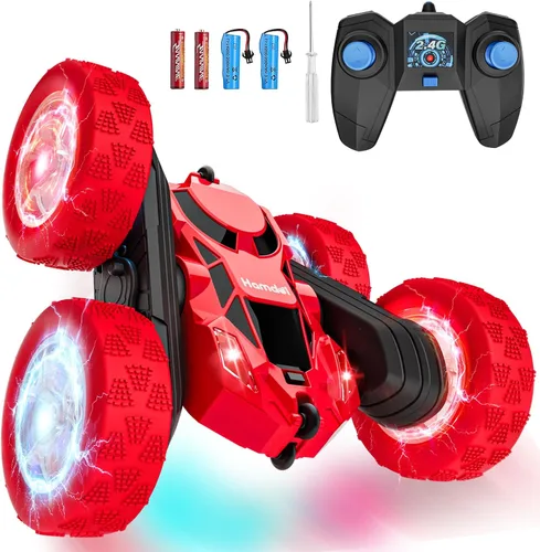 Vista 14 de Hamdol Auto de control remoto para niños, auto de acrobacias RC giratorio de 360°, vehículo eléctrico 4WD de doble cara con luces LED, autos de Azul