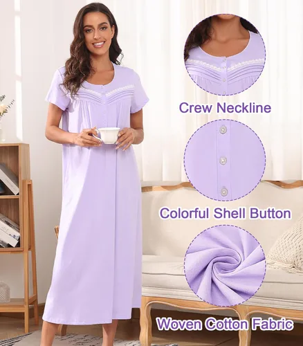 Vista 2 de Camisones de algodón para mujer, camisones de manga corta, cómodos y largos, ropa de dormir, vestido de noche para mujer, vestido de casa