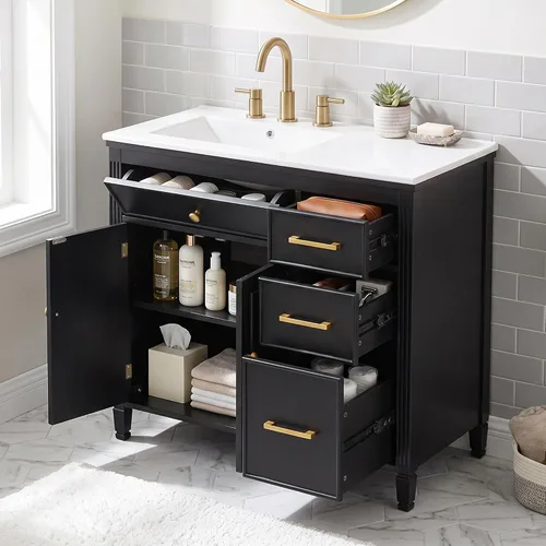 Vista 18 de Harper & Bright Designs Tocador de baño de 24 pulgadas con lavabo, tocador de lavabo individual independiente con una puerta y 3 cajones de cierre