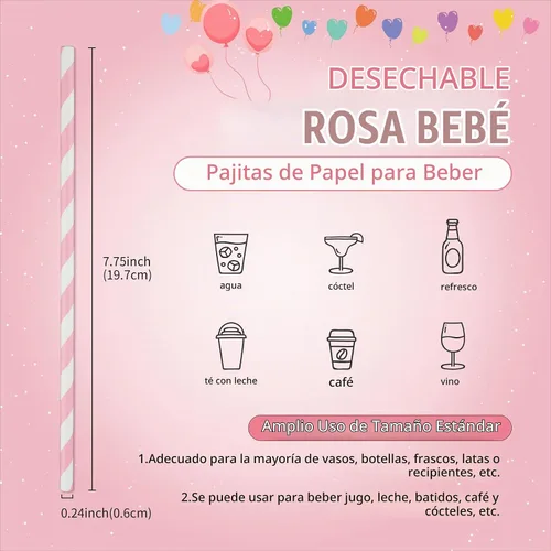 Vista 3 de PakTalk Paquete de 100 pajitas de papel rosa bebé para beber, desechables y biodegradables para cumpleaños, bodas, baby showers