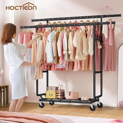 Vista 7 de Hoctieon Perchero de doble varilla de montaje en 2 minutos, estante resistente para ropa con ruedas, plegable para uso comercial, barra extensible