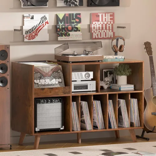 Vista 10 de LELELINKY Soporte grande para tocadiscos, soporte para tocadiscos de 48 pulgadas con almacenamiento, soporte para discos de vinilo con área