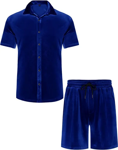 Vista 4 de LecGee Conjuntos de Pantalones Cortos Casuales de Verano para Hombres Camisa de Terciopelo de Manga Corta con Botones Pantalones Cortos de Cintura