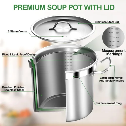 Vista 4 de STOCKPOT Olla de Caldo de 20 Cuartos con Tapa – Olla de Cocina de Acero Inoxidable para Sopa, Guiso y Pasta – Olla de Caldo Resistente Compatible
