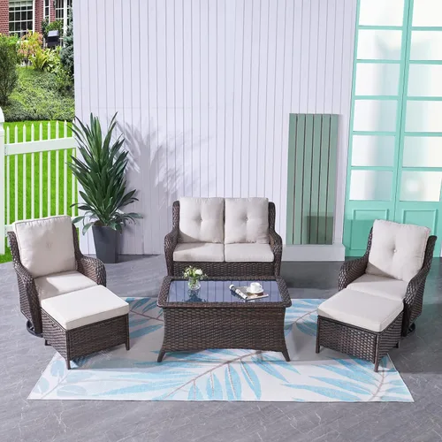 Vista 78 de HUMMUH Juego de 2 Sillas Giratorias Mecedoras de Mimbre para Patio Exterior, Juego de Muebles de Sillas Mecedoras de Ratán (Marrón, Azul) 50,000