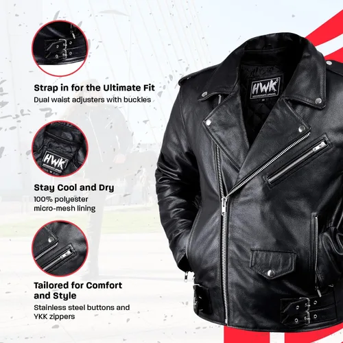 Vista 3 de HWK Brando - Chaqueta de cuero para motocicleta para hombre, chaqueta de cuero negro genuino con armadura CE extraíble para montar en moto