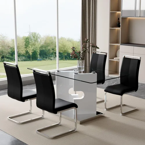 Vista 16 de Juego de 4 mesas de comedor de cristal, juego de mesa de comedor de Mesa negra+silla negra