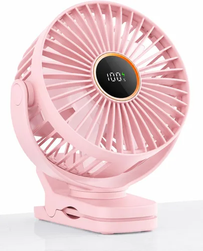 Vista 8 de TUNISE Mini ventilador con clip, ventilador de escritorio a pilas, pantalla digital, 3 velocidades ajustables, bidireccional ajustable de 360 °