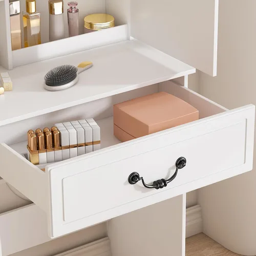 Vista 8 de Juego de Tocador Pequeño con Espejo Iluminado y Taburete, Juego de Mesa de Maquillaje Compacta con Luz - 3 Modelos de Colores, Mesa de Maquillaje