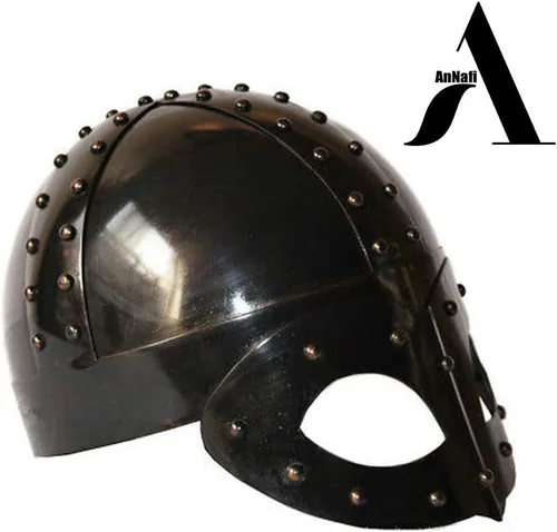 Vista 2 de AnNafi Casco de máscara vikingo medieval antiguo chapado en negro Yelmo de soldado de alta calidad para adultos con forro y correa Disfraces