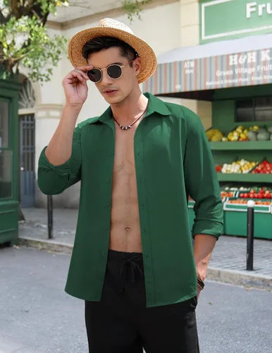 Vista 3 de COOFANDY Camisas de lino de manga larga con botones para hombre
