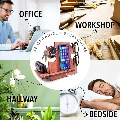 Vista 6 de Estación de acoplamiento para teléfono, soporte de reloj de madera, organizador de mesita de noche, regalos para él, gadgets para hombres, regalo