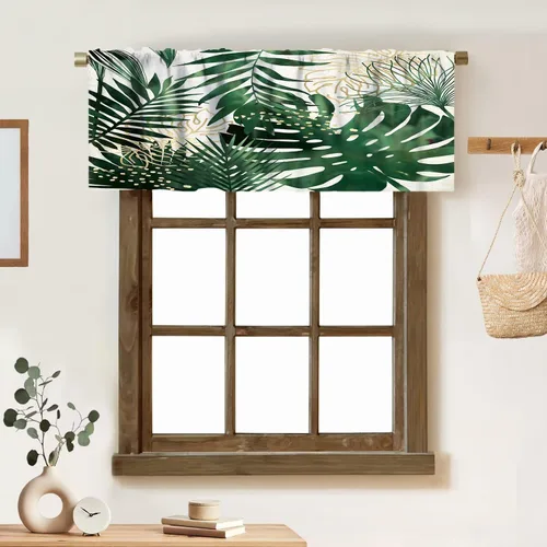 Vista 9 de Cortina de cenefa de hojas verdes tropicales, diseño de hojas de palmera, cenefa con bolsillo para barra, 1 panel, cortinas cortas para cocina