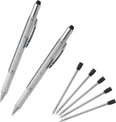 Vista 9 de Bolígrafo multifunción Tech-Tool con recambios de tinta, herramienta 6 en 1 con bolígrafo, lápiz táctil para pantalla, regla, nivel de burbuja Plata