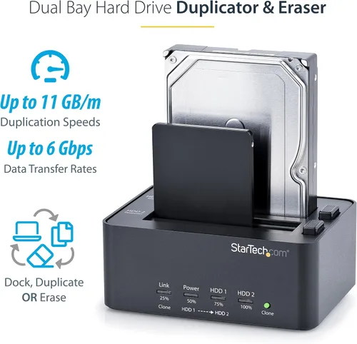 Vista 2 de StarTech.com Duplicadora y borrador de disco duro de doble bahía, clonador/copiadora externa independiente HDD/SSD, estación de acoplamiento USB 3.0