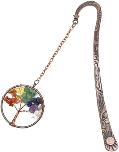 Vista 7 de Marcapáginas de metal con diseño de árbol de la vida, 7 chakras, ágata roja, piedras caídas, marcapáginas