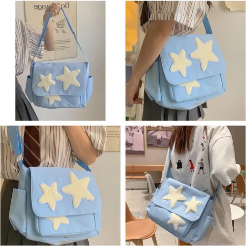 Vista 2 de YILCER Bonita bolsa de mensajero Y2K Star Crossbody Bolsa grande de lona Kawaii con bolsillos laterales para mujeres, adolescentes y niñas