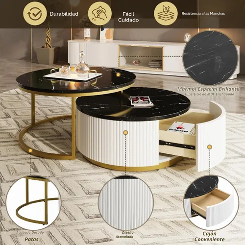 Vista 8 de Moderna mesa de centro redonda anidable acanalada con cajón en negro y dorado en 31.5 pulgadas
