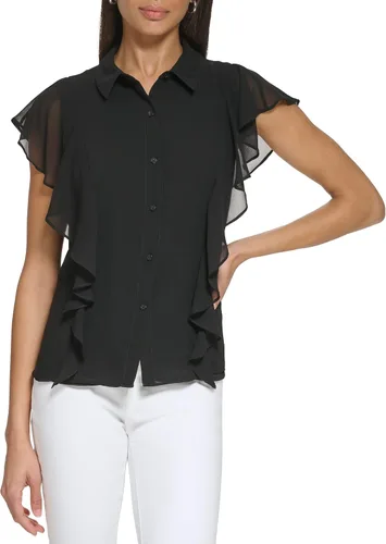 Vista 2 de Calvin Klein Women's Sleeveless Ruffle Front Blouse (Plus Size)