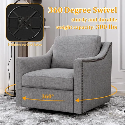 Vista 5 de Olela Silla giratoria para sala de estar, dormitorio, sillón de gran tamaño, moderno barril redondo con brazo en línea de tela (gris)