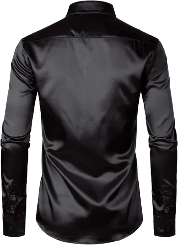 Vista 3 de ZEROYAA Camisas de vestir con botones de satén de seda brillante para hombre
