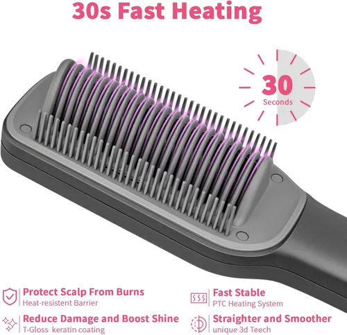 Vista 7 de Cepillo alisador de cabello, cepillo de alisado iónico 2000 para mujeres con 5 temperaturas 20 segundos, calentamiento rápido de doble voltaje