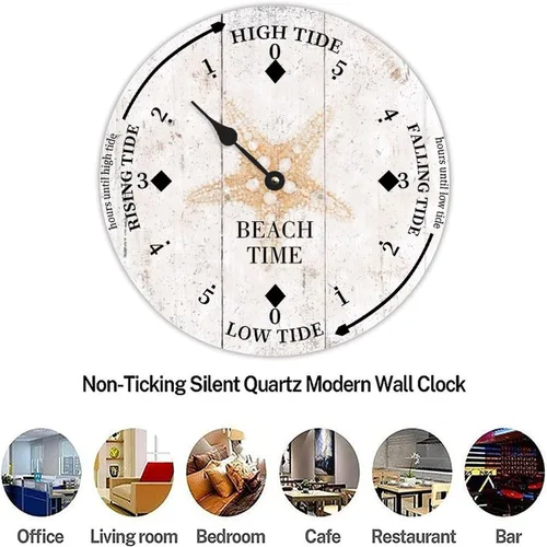 Vista 7 de Reloj de marea de madera rústica, reloj de marea con estrellas de mar, reloj de luna, silencioso, sin tictac, funciona con pilas, reloj de pared