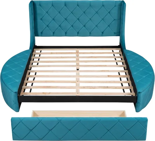 Vista 5 de Harper & Bright Designs Cama de plataforma tapizada tamaño Queen con un cajón grande y 2 taburetes de almacenamiento laterales, marco de cama