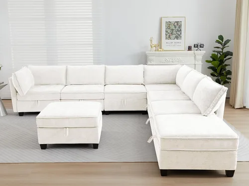 Vista 3 de ORRD Juego de sofá modular esquinero de gran tamaño, sofá convertible en forma de L con almacenamiento, sofá modular de 8 plazas con otomanas y Beige