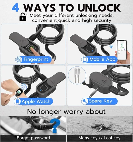 Vista 2 de Anweller Cerradura de bicicleta de huellas dactilares con llave, resistente, antirrobo, resistente a la intemperie, aplicación Bluetooth, bloqueo