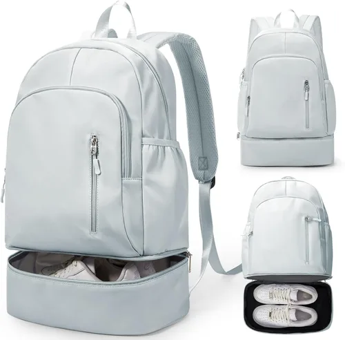 Vista 14 de Mochila de gimnasio para mujer, pequeña bolsa de gimnasio con compartimento para zapatos, mochila impermeable para deportes con bolsillo húmedo