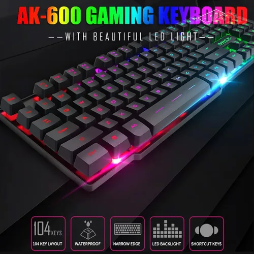 Vista 5 de Teclado para juegos con cable LED tricolor retroiluminación para juegos de 104 teclas Control multimedia para computadora de escritorio IZ9