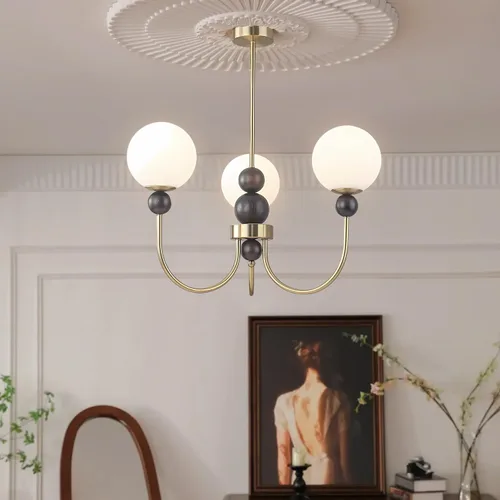 Vista 4 de BOKT Candelabros de cristal con forma de globo de mediados de siglo, moderna lámpara dorada para casa de campo, con barra ajustable, lámpara