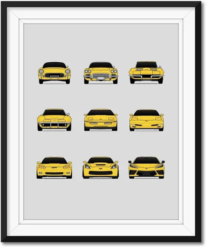 Vista 4 de Custom Car Posters Póster hecho a mano compatible con Chevy Corvette Generations - Arte de pared impreso para decoración de la evolución