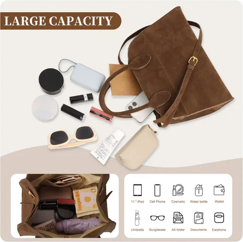 Vista 7 de Suede Tote Bag for Women,Women's Suede Purse Vintage Top Handle Bag,Fashion Shoulder Satchel Bag for Office Travel