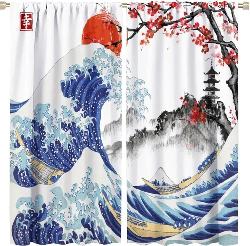 Vista 28 de Koi Fish - Cortinas opacas para cocina, estilo japonés, románticas, con estampado de flores de cerezo, con bolsillo para cortinero, cortinas opacas