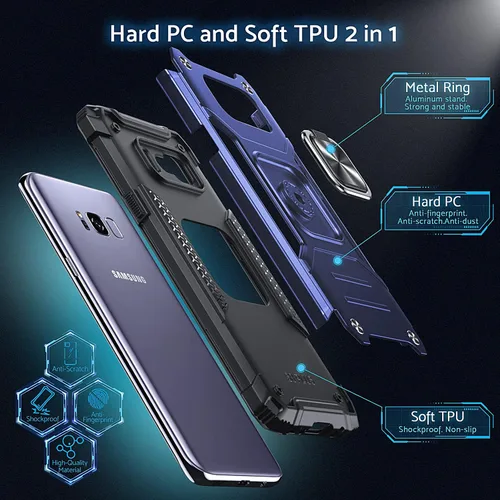 Vista 5 de DASFOND Diseñada para funda Galaxy S8 con soporte, anillo metálico giratorio mejorado de 360°, soporte kickstand de grado militar, resistente a