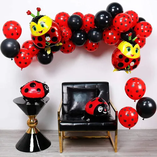 Vista 4 de 60 globos de lunares rojos y negros de mariquita, globos de punto ondulado, suministros de decoración de cumpleaños, boda, fiesta, juguetes