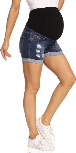 Vista 7 de Foucome Pantalones cortos de mezclilla de maternidad con dobladillo 135 azul oscuro