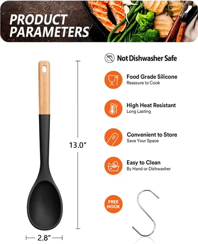 Vista 2 de Cucharas de cocina grandes de silicona, cuchara antiadherente con mango de madera maciza, cucharas de cocina de silicona resistentes al calor