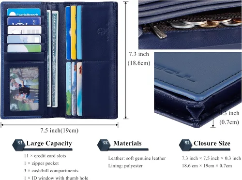 Vista 4 de VISOUL Billeteras largas de cuero con bolsillo con cremallera para hombres y mujeres, bloqueo RFID, billetera alta para secretaria, Azul y azul