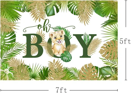 Vista 3 de MEHOFOND Cartel de fondo de baby shower con temática de safari en la selva de 7 x 5 pies, Oh Boy, animales del bosque, vegetación, fondo de león