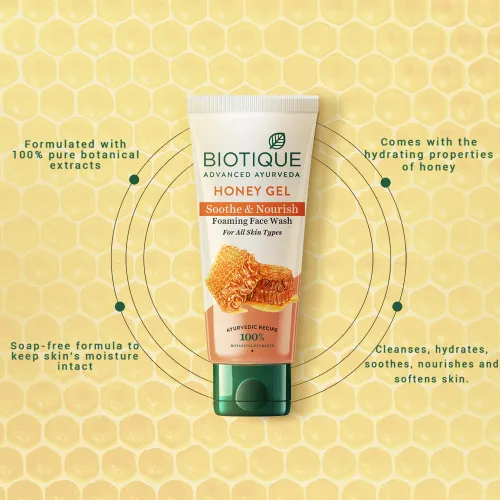 Vista 3 de Biotique Bio Honey Gel Hidratante Facial Jabón Para Todo Tipo de Piel, 100 Ml 3.38 fl. Oz. Enriquecido con Miel Potente Limpiador, Aumenta el Tono